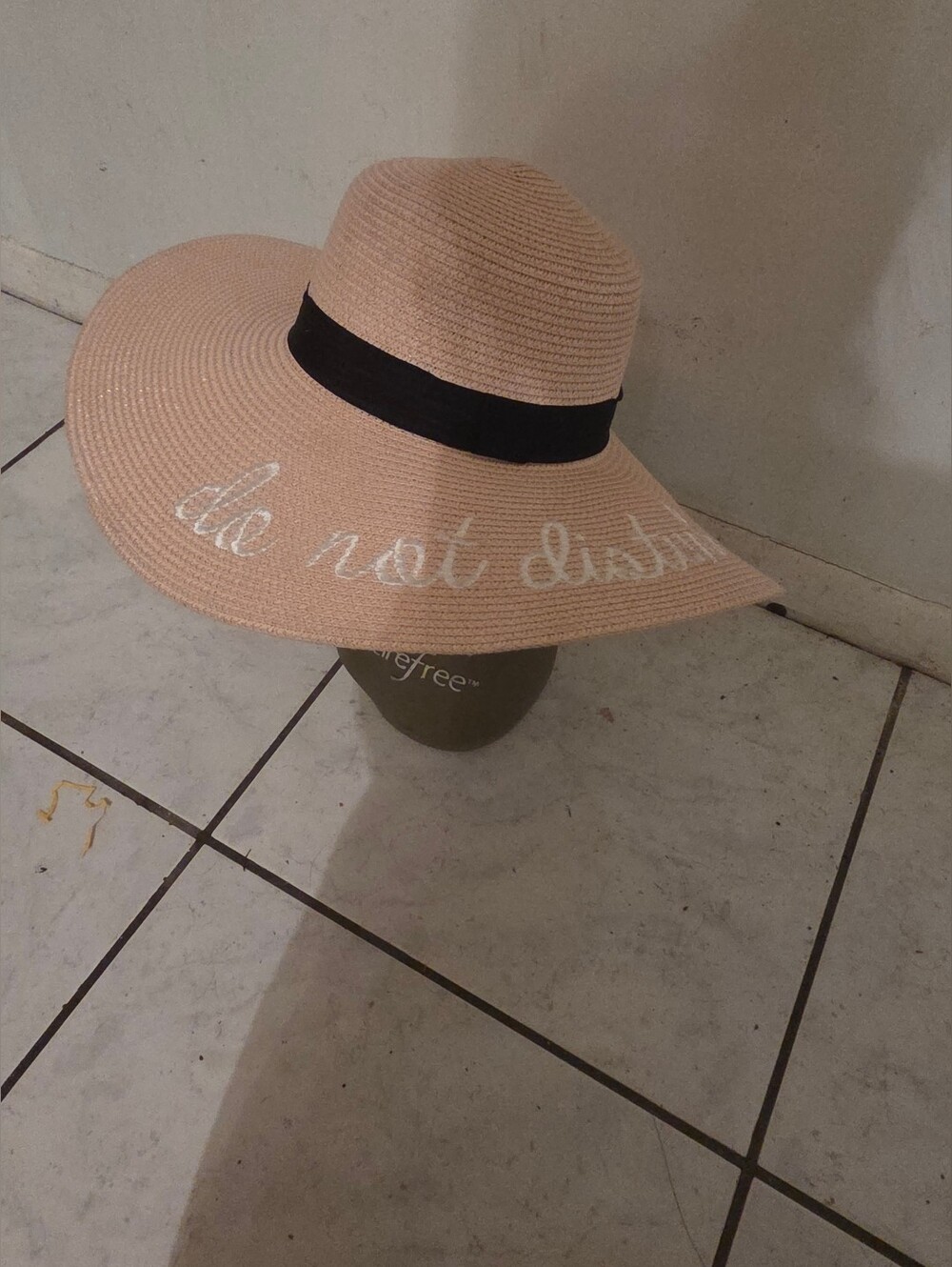 Wide Brim Straw Sun Hat with "Do Not Disturb" Embroidery - Beige